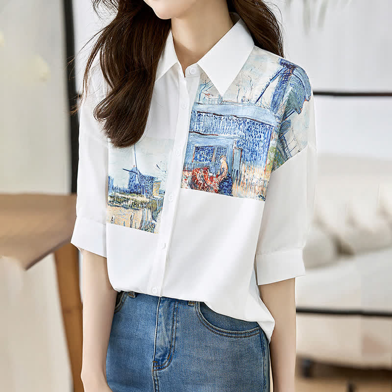 Vintage Painting Blue House Shirt modakawa