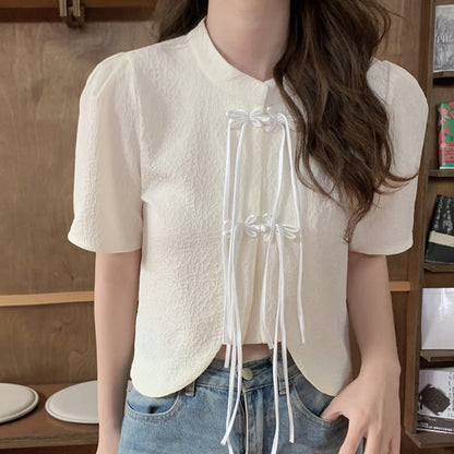 Elegant Buckle Puff Sleeve Loose T-Shirt modakawa