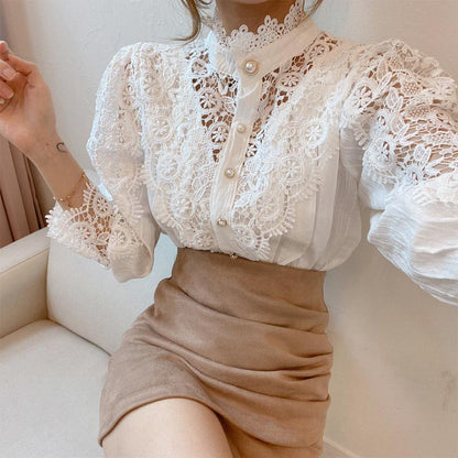 Elegant Pearl Hollow Out Lace Shirt Modakawa