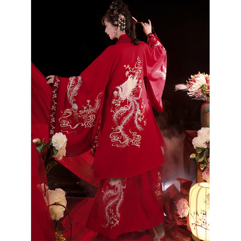 Red Phoenix Embroidery Tank Top Big Sleeve Cardigan Shirt Skirt Hanfu Set Modakawa