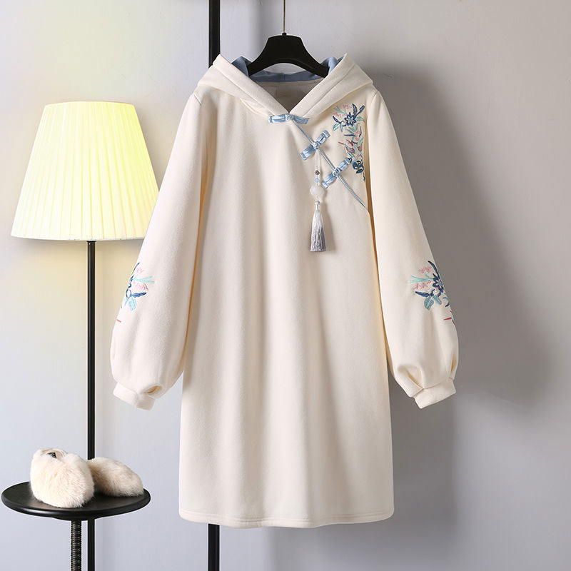 Blue Embroidery Loose Hoodie Vintage Sweatshirt Dress Modakawa