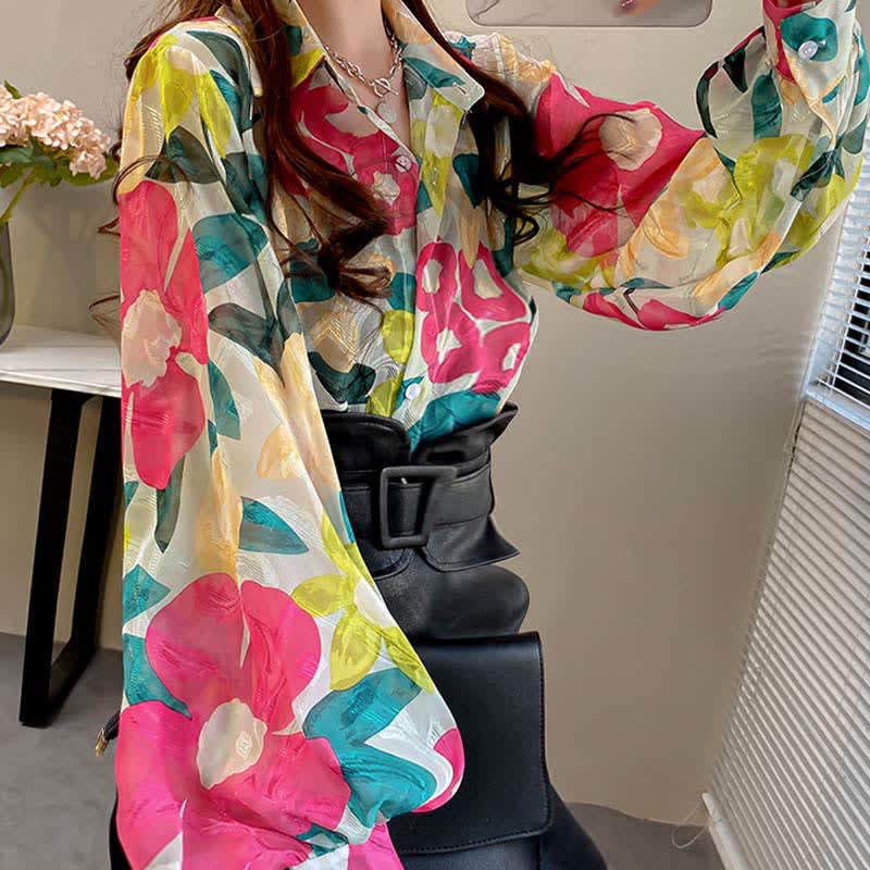 Color Floral Print Puff Sleeve Lapel Shirt Workwear modakawa