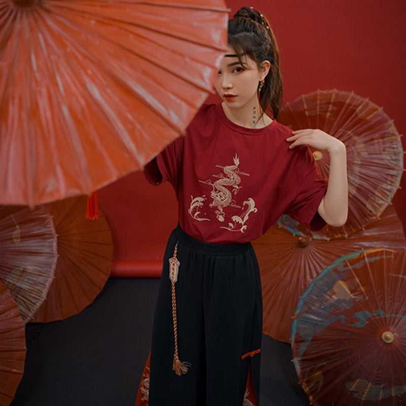 Vintage Dragon Embroidery T-Shirt Tassel Pants Set Modakawa