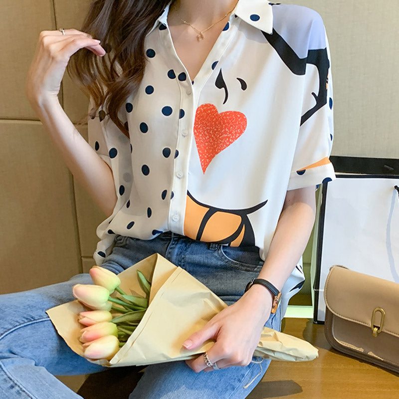 Heart Polka Dots Print Blouse Workwear modakawa