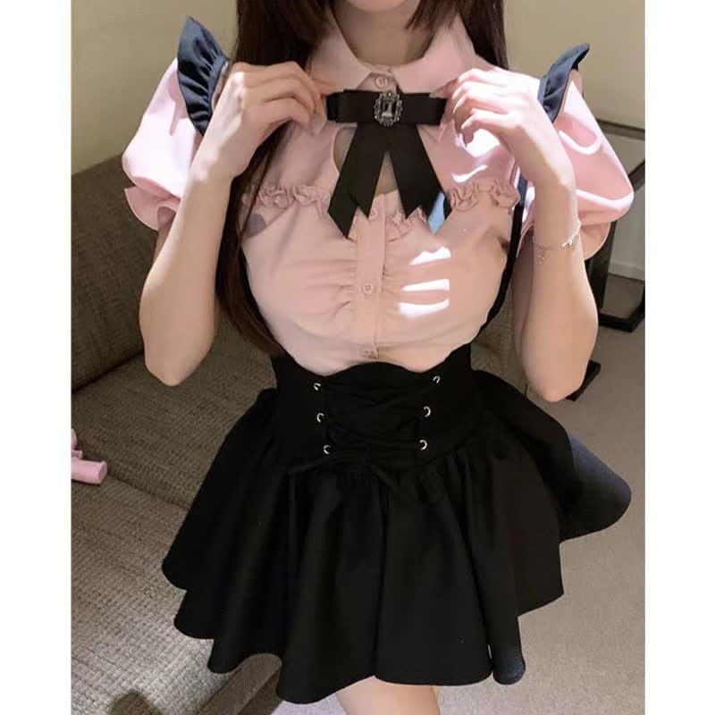 Pink Love Heart Hollow Out Bowknot T-Shirt Lace up Suspender Dress modakawa