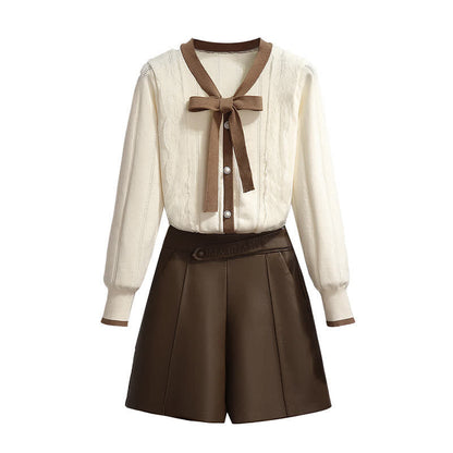 Elegant Bowknot Cardigan Sweater Elastic Waist Shorts modakawa