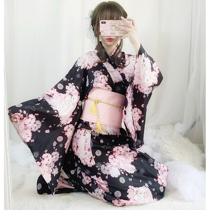 Vintage Cat Sakura Print Kimono Dress Modakawa