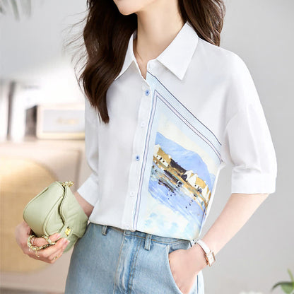 White Irregular Painting Print Chiffon Lapel Shirt modakawa