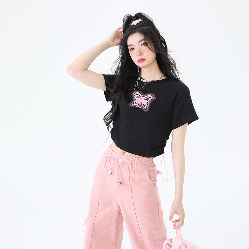 Butterfly Print Draw String T-Shirt Pocketed Cargo Pants modakawa