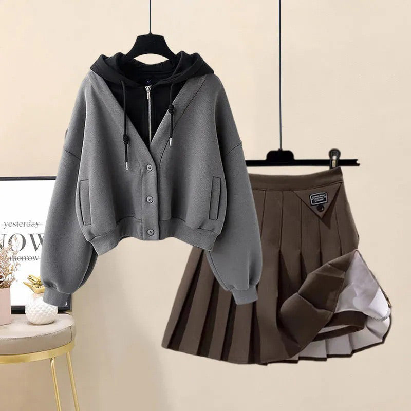 Casual Pocket Hoodie Pleated Skirt Set Modakawa