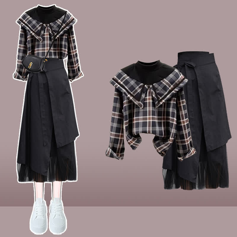 Plaid Shirt Irregular Lace Up Tulle Skirt modakawa