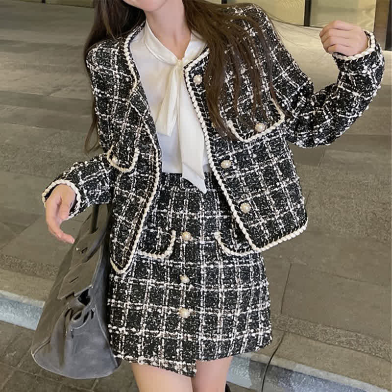 Chic Plaid Print Jacket Shirt High Waist Skirt Set modakawa