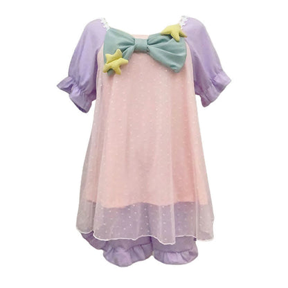 Square Collar Bowknot Mesh Mermaid Nightgown Pajamas Set modakawa