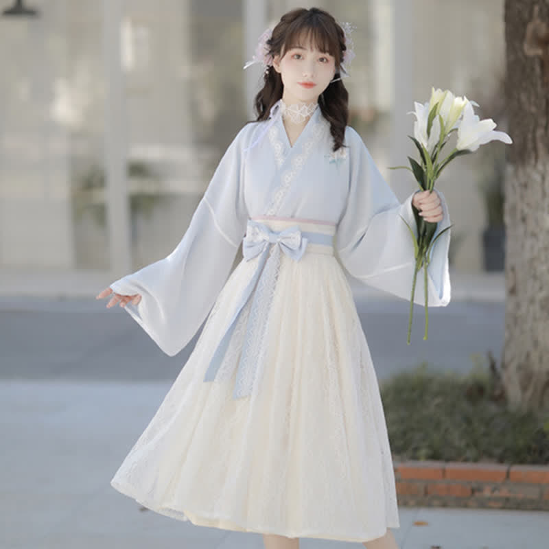 Sweet Floral Embroidery V-neck Bow Decor Dress modakawa