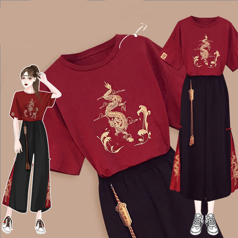 Vintage Dragon Embroidery T-Shirt Tassel Pants Set Modakawa