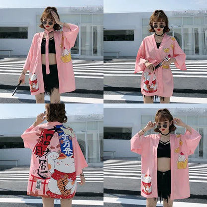 Lucky Cat Letter Print Cardigan Kimono Outerwear modakawa