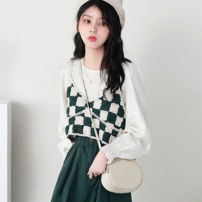 Green Plaid Vest Chiffon Shirt Pleated Skirt Set Modakawa