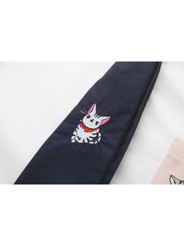 College Style T-Shirt Sweet Pocket Cat Embroidered Tie Modakawa