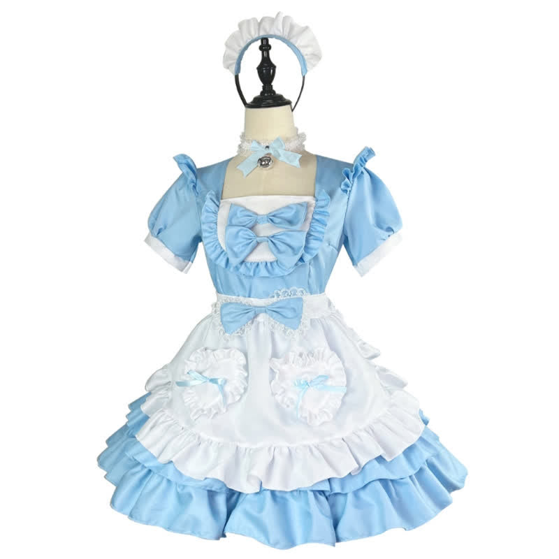 Kawaii Blue Lace Up Bow Maid Lolita Dress Modakawa