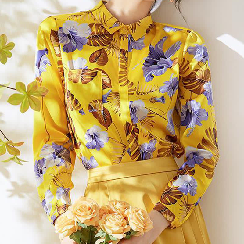 Yellow Flowers Printed Long Sleeve Shirt modakawa