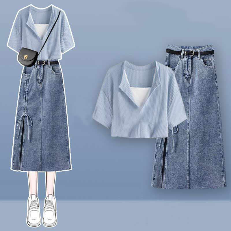 Fake Two Pieces Crop Top  T-Shirt Split Denim Skirt modakawa