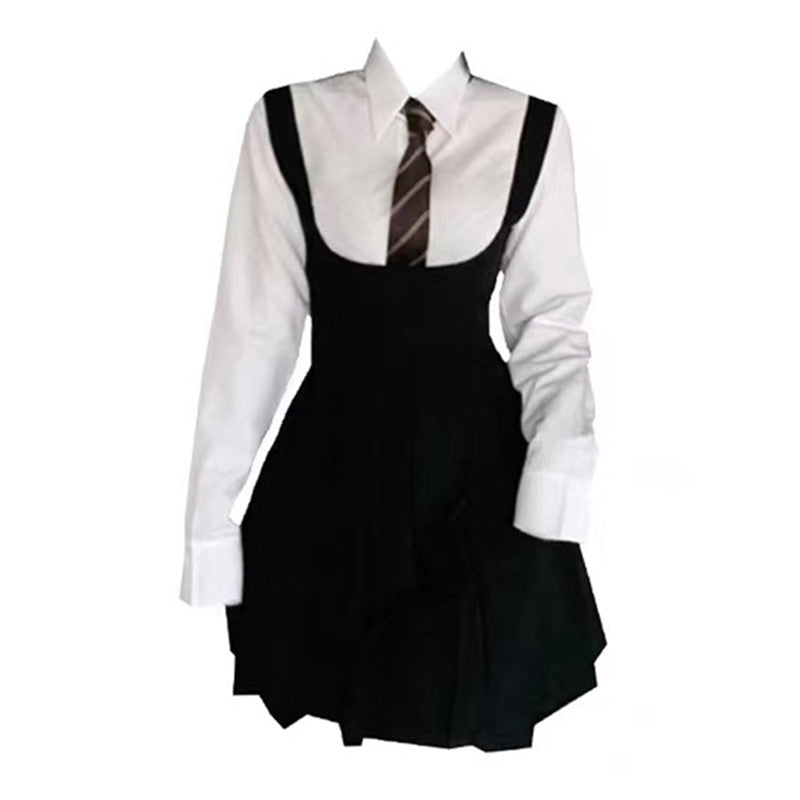 White Shirt Pleated Suspender Skirts Tie Set Modakawa