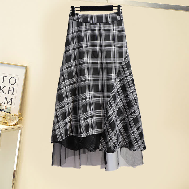 Plaid Shirt Button Front Tulle Skirt modakawa