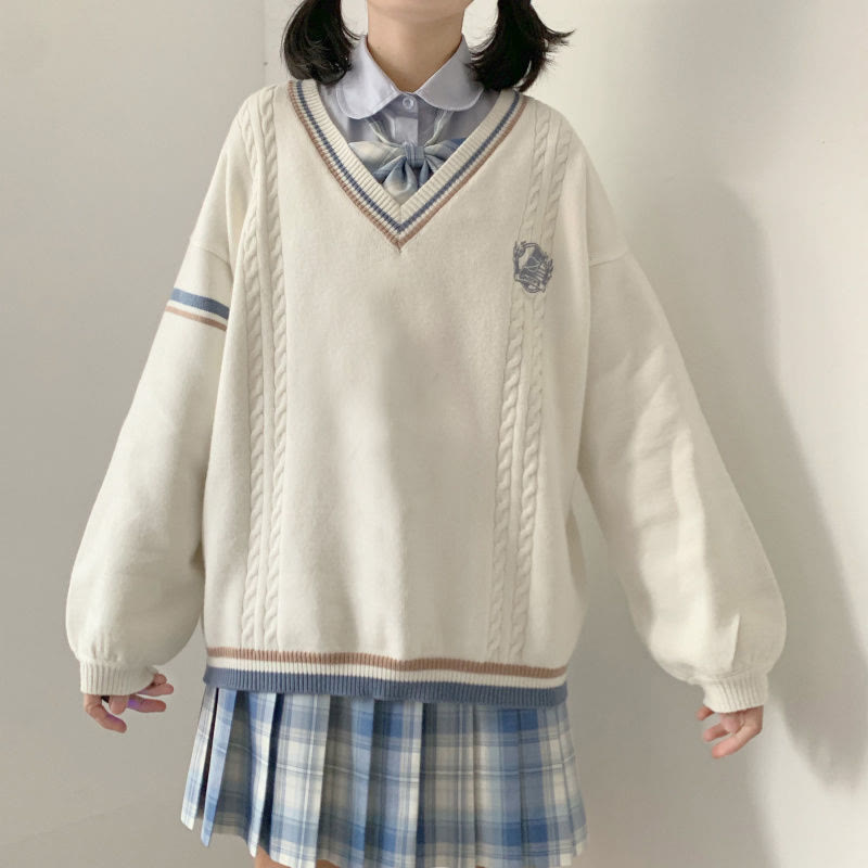 Embroidery Stripe College Style Sweater Modakawa