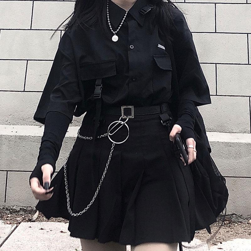 Black Dark Pocket T-Shirt Skirt Set Modakawa