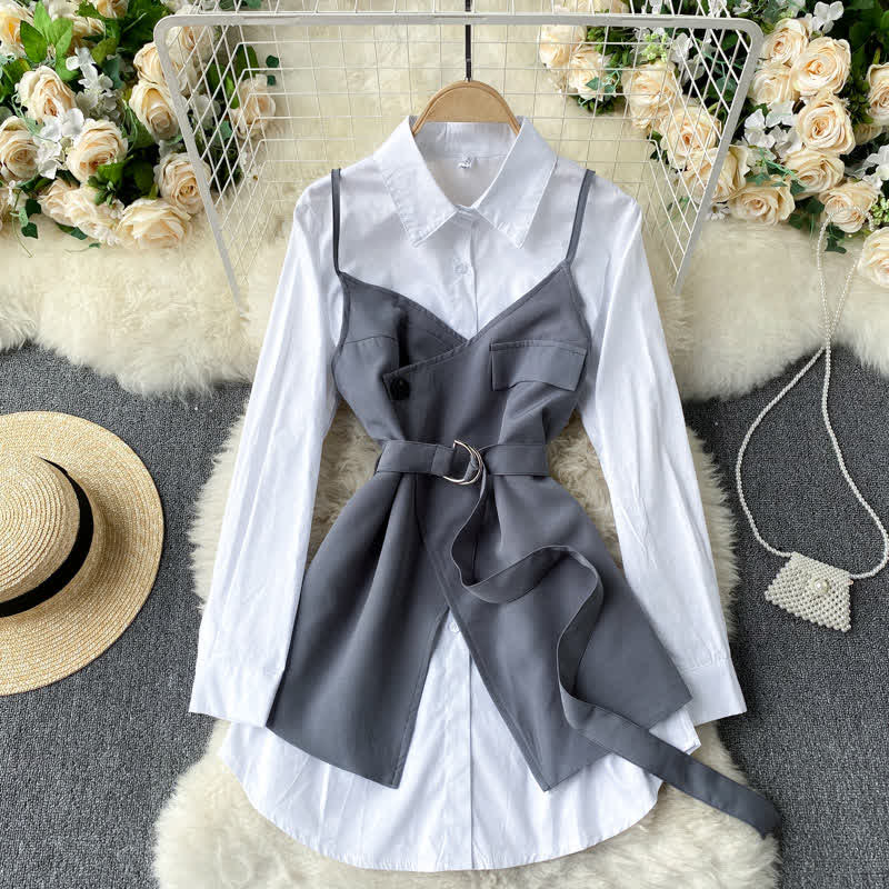 Irregular Belted Slip Dress Shirt Set modakawa