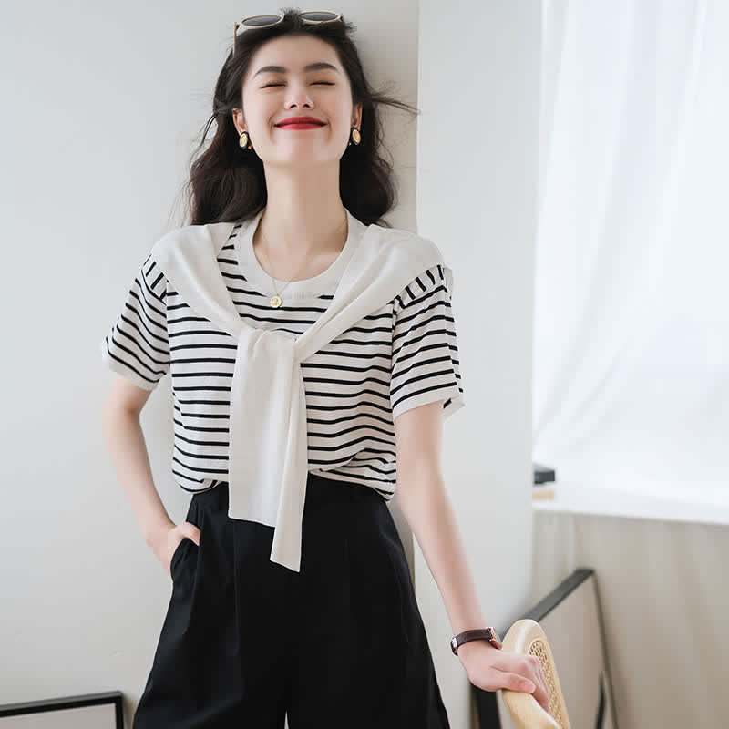 Chic Stripe Round Collar T-Shirt Denim Skirt modakawa