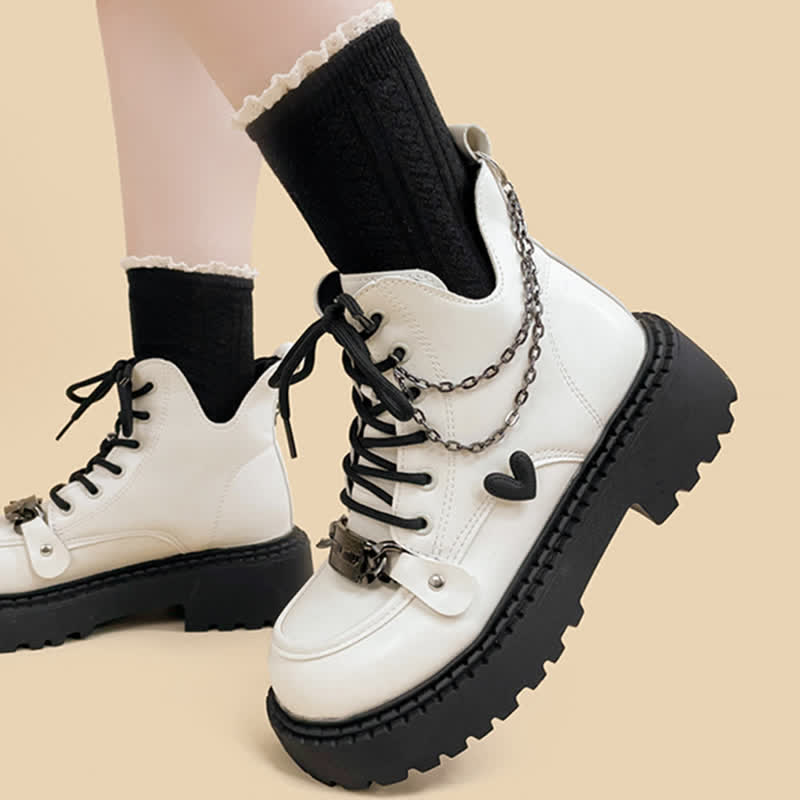 Chain Decor Love Heart Platform Round White Toe Boots modakawa