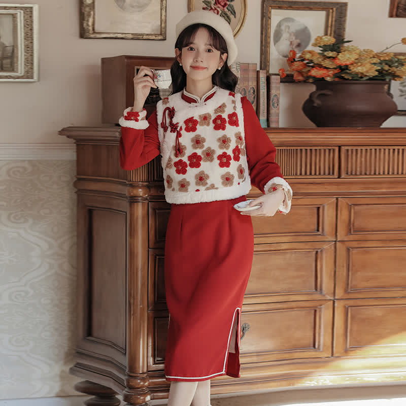 Red Flowers Buckle Vest Bowknot Cheongsam Dress modakawa