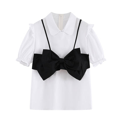 Bow Knot T-Shirt High Waist Ruffled Skirt Set modakawa