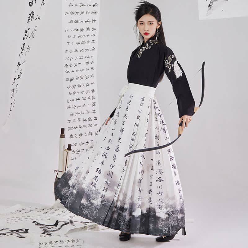 Vintage Crane Embroidery Shirt Character Print Pleated Skirt modakawa