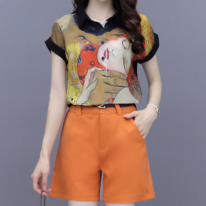 Girl Face Print Chiffon T-Shirt Casual Shorts modakawa