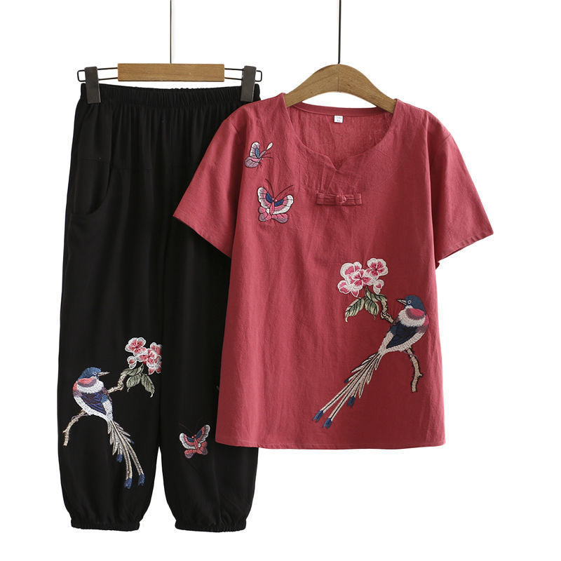 Vintage Bird Embroidery Buckle T-Shirt Pants Set modakawa