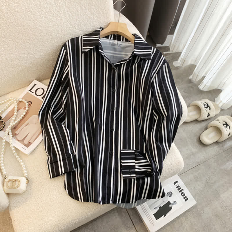 Stripe Print Long Sleeve Chiffon Shirt Workwear modakawa