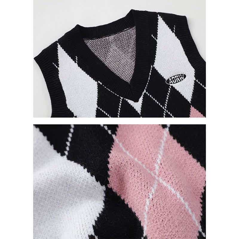 Pink Rhombus Print Vest Long Sleeve Shirt Pleated Skirt modakawa