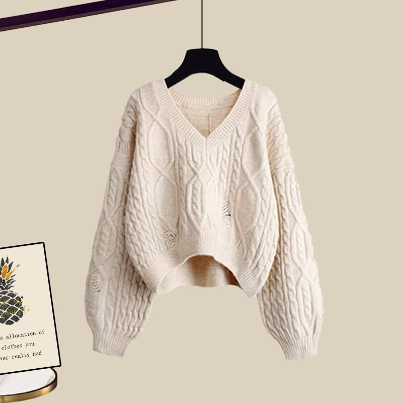 Elegant Cable Knit Sweater Lapel Long Sleeve Dress modakawa