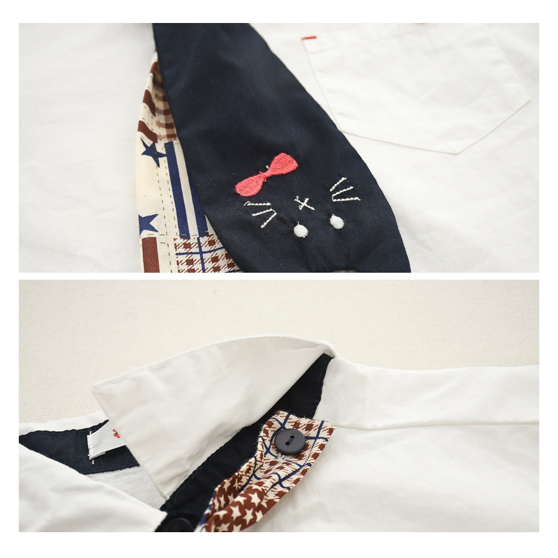 Cute Cat Tie Wooden Buckle Shirt Modakawa