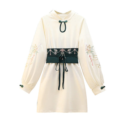 Vintage Crane Embroidery Plush Sweatshirt Dress modakawa