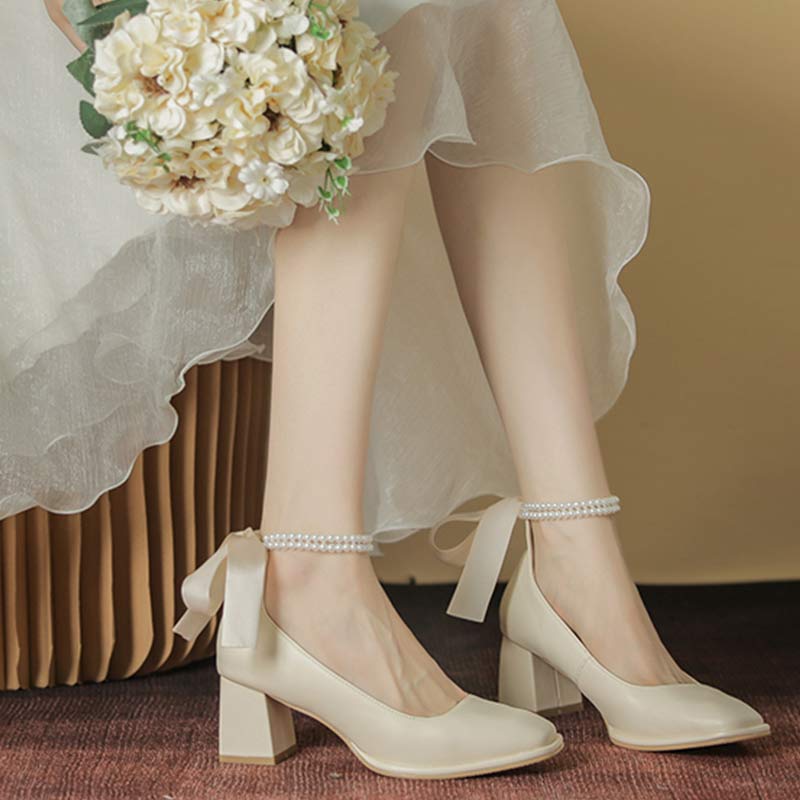 Elegant Pearl Bow High-heeled Shoes Modakawa