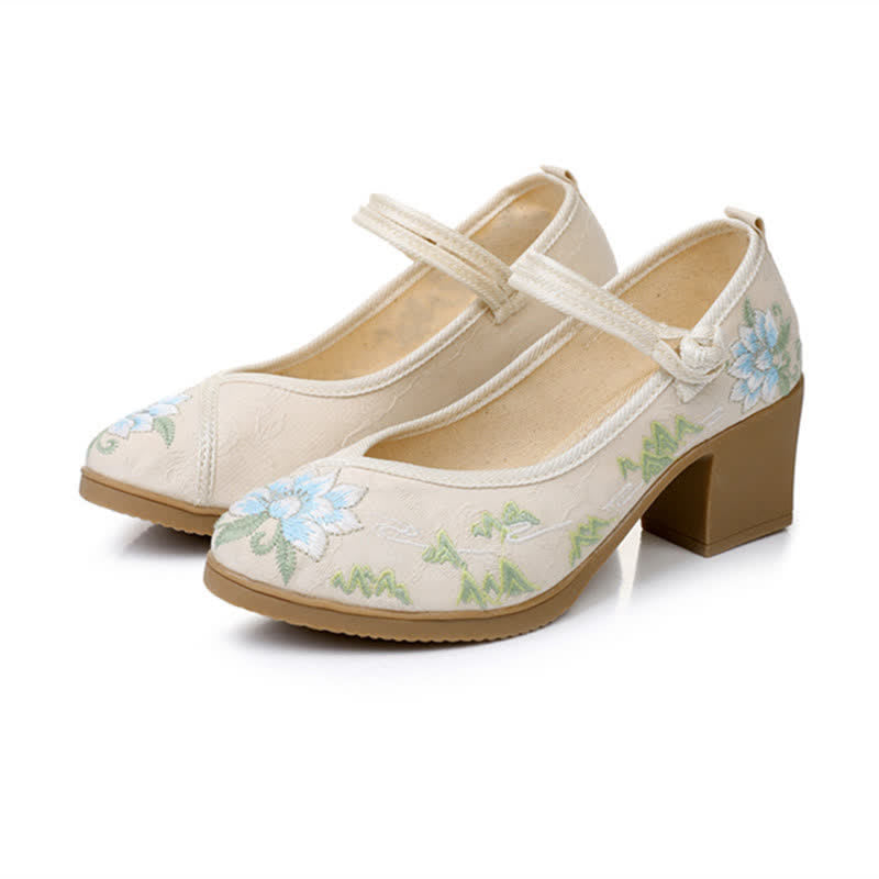 Vintage Floral Embroidery Canvas High Heel Shoes modakawa