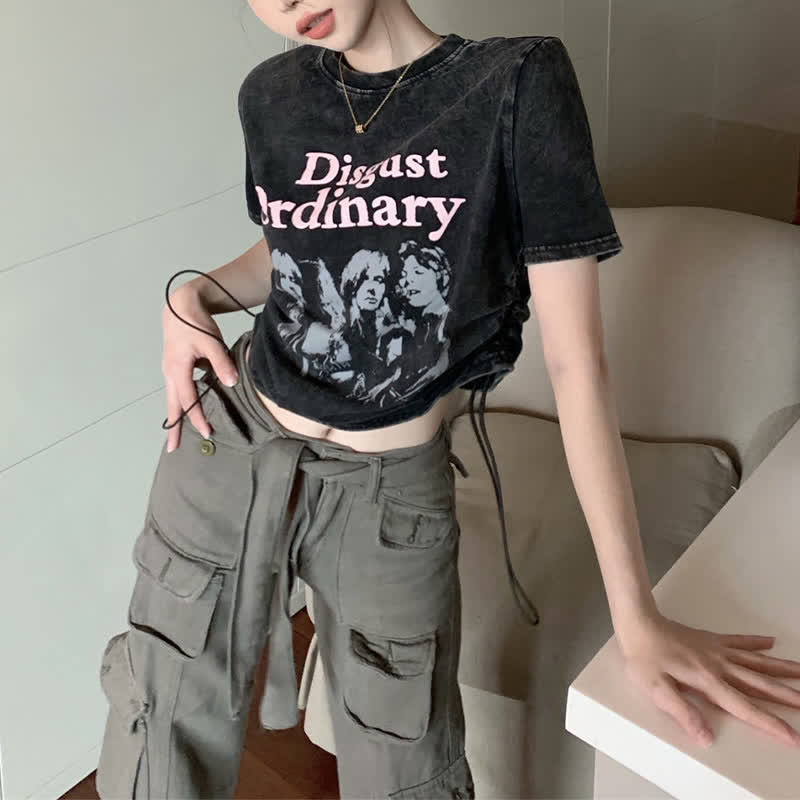 Casual Letter Print Drawstring Crop Top T-Shirt Pocketed Cargo Pants modakawa