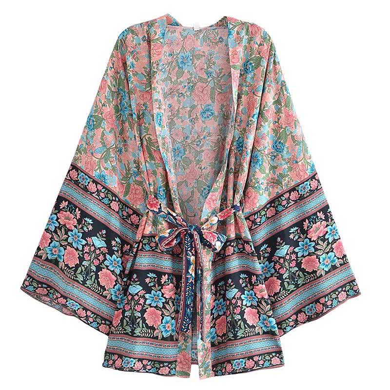 Boho Flower Print Belt Cardigan Outerwear modakawa