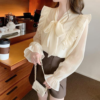 Elegant Bowknot Flouncing Chiffon Shirt modakawa