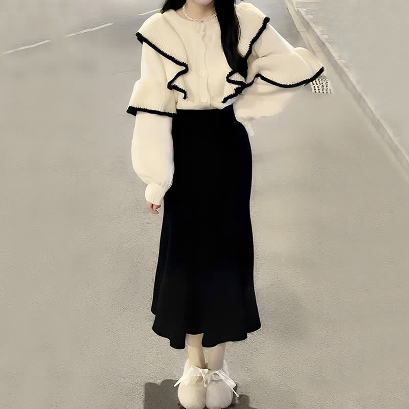 Flouncing Knit Cardigan Sweater Fishtail Skirt modakawa