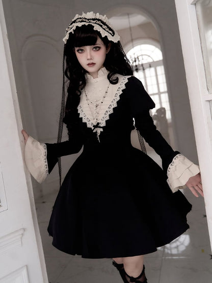 Black Beige Ruffle Banded Collar Lolita Short Dress mySite