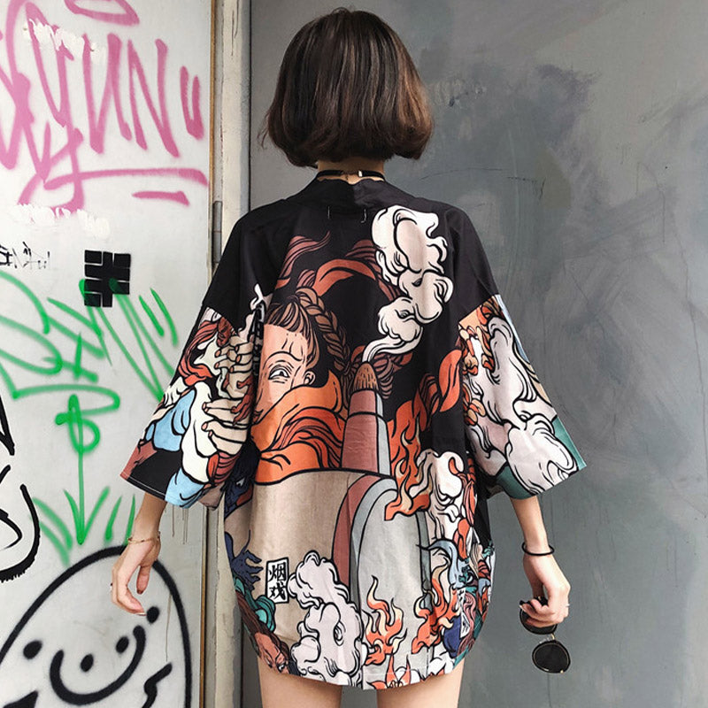 Cartoon Fire Print Casual Vintage Kimono Outerwear Modakawa